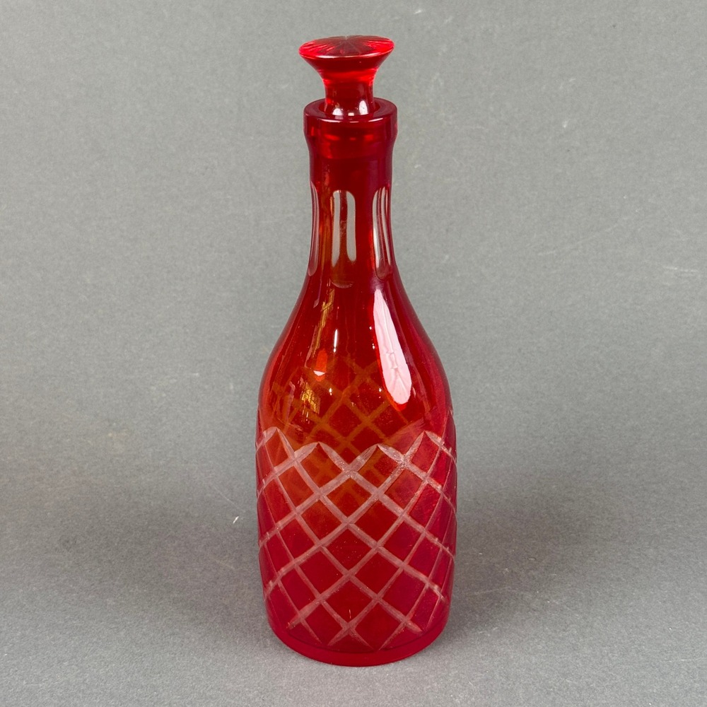Vintage Ruby Red Glass Bohemian Decanter Cut to Clear Diamond Pattern Stopper